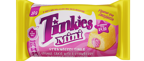 Wrapping of Tinkies Mini Strawberry Tingle Spongecake with a strawberry flavoured centre